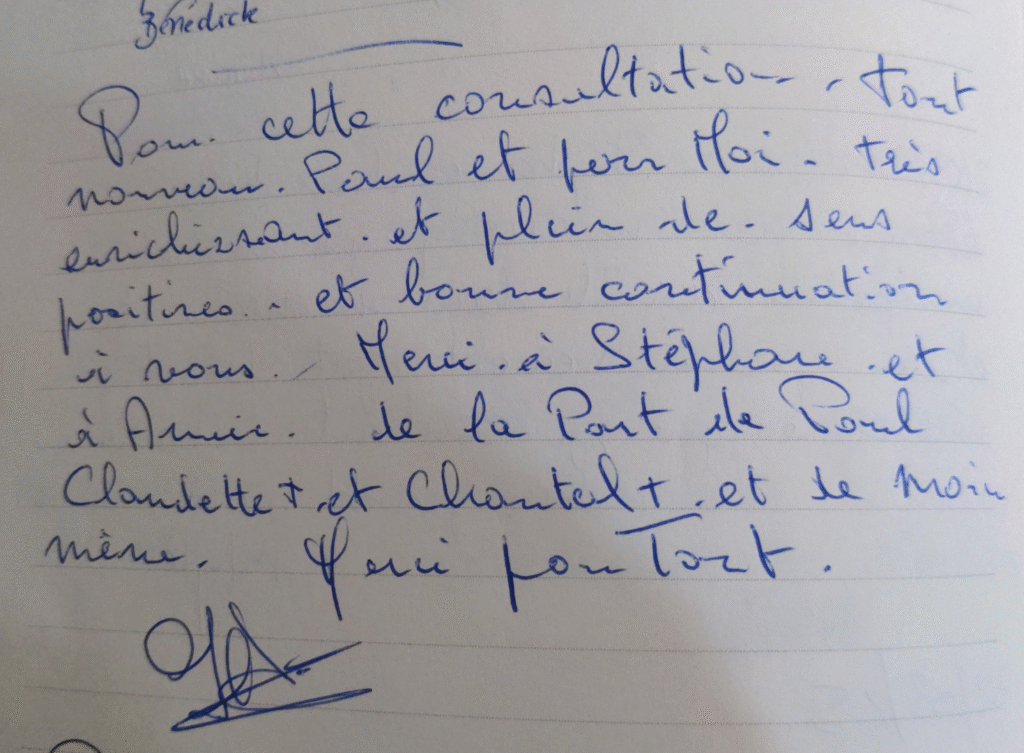 Pour cette consultation, tout nouveau. Paul et pour moi. Très enrichissant et plein de positif. Et bonne continuation à vous. Merci à Stéphane et Anne. De la part de Paul, Claudette et Chantal, et de moi même. Merci pour Tout.